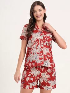 Red Floral Cotton <b>Pajama</b> Set-Handblock Print Nightwear <b>for</b> <b>Women</b>-Lightweight <b>Summer</b> Lounge Set Soft Button Down Sleepwear Set - Product Image 3