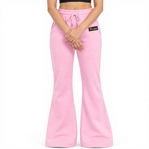 Pantalones acampanados rosas para mujer, de cintura alta, de forro polar, informales, de ajuste holgado, largos, con cordón en la cintura, color liso, con logo en la pierna derecha, para otoño - Product Image 1
