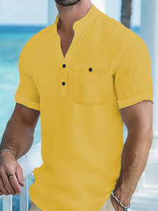 Nouveau T-shirt à col montant en lin à manches courtes pour homme – Chemise décontractée fine et ample en coton et lin – Vêtements pour homme - Product Image 5