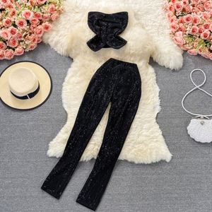 Women Y2k Casual Solid Short <b>Sequined</b> Beading Strapless <b>Top</b> High Waist Pants 2-Piece Set Woven Spandex/Cotton Summer - Product Image 4