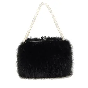 Frauen gefälschte Fox Fur Plüsch Perlenkette große Kapazität Achsel schnalle Mini-Tasche