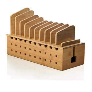 Estante de almacenamiento de escritorio de bambú para cables y dispositivos, organizador de carga multiusos, estilo sencillo, material de madera duradero - Product Image 1