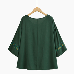Women's Bohemian Knitted Blouse Crew Neck Three Quarter Sleeve Breathable Regular Fit Solid Green Spring Summer Casual Wear - Product Image 6