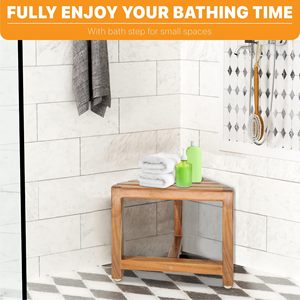 Tabouret de salle de bain en bois d'acacia massif Lixin, 35x30x27cm, siège de douche d'angle avec pieds antidérapants pour le bain et le rasage - Product Image 2