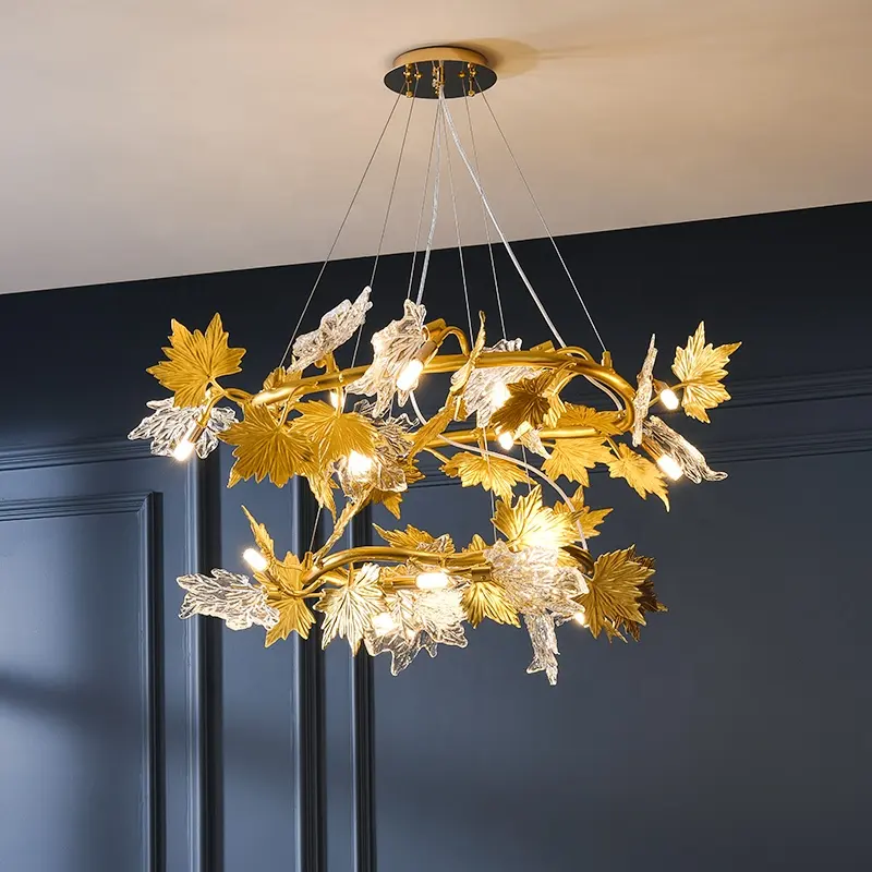 Light luxury chandelier living room lamp creative simple aluminum glass maple leaf decoration bedroom dining room crystal lamp