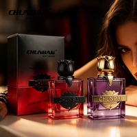 Flacon de parfum en verre Chunbai, design personnalisé, luxe haut de gamme, style unique, cylindre carré, or givré, vaporisateur à pompe, motif floral rose