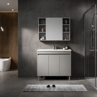 Meuble-lavabo mural flottant moderne avec armoire miroir, tiroirs à fermeture douce et étagères de rangement pour salle de bain
