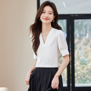 Light Green Chiffon Blouse Women V Neck Short Sleeve Solid Color Elegant Shirt Everyday Wear Polyester Fabric - Product Image 4