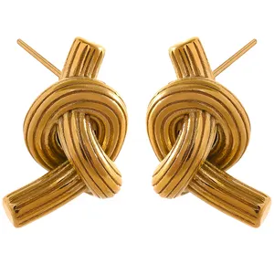 Creative Stainless Steel Knotted Unusual Stud Earrings Personality Statement 18K Gold Plate Waterproof Jewelry