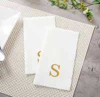 Serviette de table en papier blanc effet lin, serviette d'invité avec logo personnalisé en lettres dorées, serviette Airlaid 1 pli style sac, décorations de table