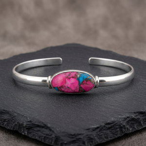 Silver Cuff <b>Bracelet</b> With Pink And Blue Natural Stone Inlay Bohemia Style Everyday Wear Unisex Jewelry - Product Image 2