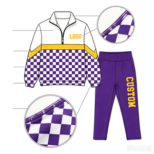 Conjunto de 2 piezas a cuadros personalizado para niños y adultos: Top con cuello de media cremallera y bloques de color, y pantalón estampado de cintura alta. Chándal infantil. - Product Image 6
