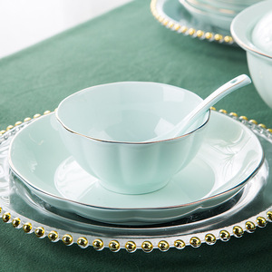Assiette à poisson 4.5 pouces bol à riz vaisselle en céramique assiette à dîner style de luxe jante dorée cyan ensemble de vaisselle créative assiette - Product Image 3