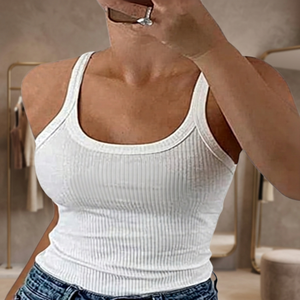 Women's <b>White</b> Ribbed <b>Tank</b> <b>Top</b> Scoop Neck Casual Letter Print Front 100% Cotton Knitted Breathable Style - Product Image 4
