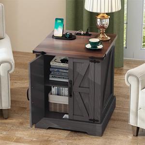 Farmhouse End Table With Charging Station <b>Rustic</b> <b>Wood</b> Nightstand 19.6 In Walnut Sofa Side Table - Product Image 1
