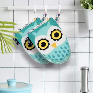 A Pair Cute Funny Green Owl Pattern Oven Mitt Silicone Cotton Heat Resistant Supermarket Promotional Oven Glove