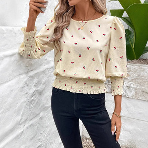 2025 Nouvelle Blouse <span class=keywords><strong>Femme</strong></span> Grande Taille à Manches Évêque Smockées, Coupe Ample, Couleur Unie, Col Rond, Style Bohème <span class=keywords><strong>Chic</strong></span> - Product Image 5