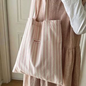 New Eco Friendly Shopping <b>Gift</b> <b>Bag</b> Striped Pattern Cotton Canvas Shopper Tote <b>Bag</b> with Woven Label - Product Image 2
