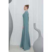 Robe de soirée longue en mousseline de soie pour femme, ornée de perles et de strass, à manches longues, coupe trapèze, col rond naturel, respirante