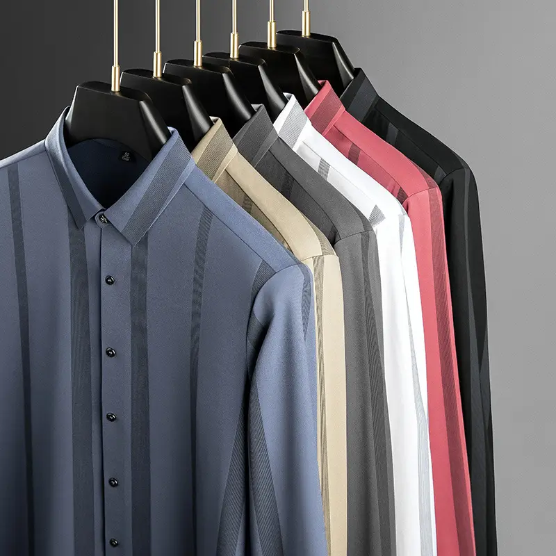 नई प्लस आकार पॉलियामाइड स्पैन्डेक्स कोई-शिकन कोई-लोहे व्यापार आकस्मिक लंबी आस्तीन स्लिम धारी शर्ट आदमी के लिए