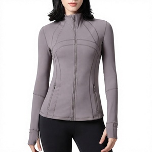 Chaqueta de Yoga para Mujer, Manga Larga, con Cierre, Color Gris Sólido, Transpirable, con Logotipo Frontal y Costuras en Contraste, para Fitness - Product Image 1