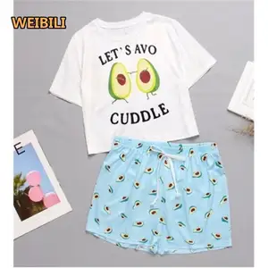 Set pakaian tidur 2 potong motif kartun wanita musim panas grosir pabrik setelan piyama celana pendek alpukat