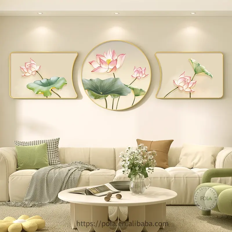 POLA lumière luxe Style moderniste 3 panneaux en forme de lotus cristal porcelaine décorer peinture pour chambre mur embellissement