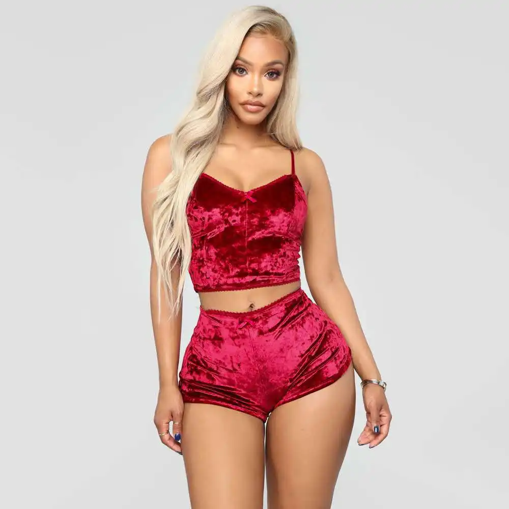 2021 Sexy Lingerie Set for Women Velvet Pajamas Sleepwear Cami and Shorts Nightwear Lace Camisole Sets Strappy Babydoll