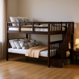 Espresso Full <b>Over</b> Full Bunk <b>Bed</b> With Storage Stairway Design Modern Bedroom Furniture - Product Image 2