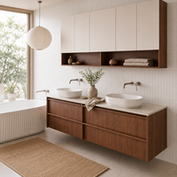 Meuble-lavabo mural moderne en noyer sur mesure avec double vasque et rangement intégré