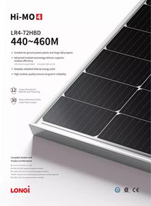 Panneau solaire bifacial <span class=keywords><strong>LONGi</strong></span> 440W 450W <span class=keywords><strong>460W</strong></span> Hi-MO 4 Series LR4-72HBD-440-460M Module PV <span class=keywords><strong>Longi</strong></span> pour centrales électriques au sol - Product Image 2