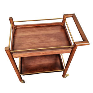रेट्रो डिजाइनर लकड़ी सेवा ट्रॉली दो-स्तरीय mcm पेय कार्ट समृद्ध डार्क दाग ठोस लकड़ी फ्रेम गोल्ड टोन हार्डवेयर होटल डाइनिंग - Product Image 2
