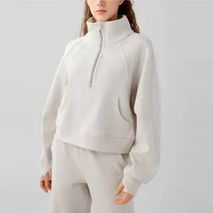 Thickened Fleece Solid Color Half Zip Hoodie Women Sweatshirt Heavyweight Pullover Outfit Kangaroo Pocket Hoodies