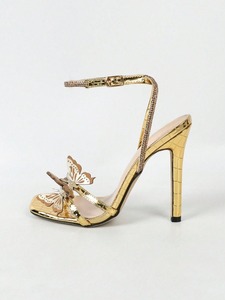 Sandales sexy pour femmes de couleur dorée, de qualité, à bout carré, avec bride à la cheville, chaussures à talons hauts pour femmes - Product Image 6