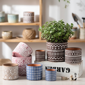 Pot <span class=keywords><strong>à</strong></span> succulentes en céramique géométrique nordique sur trépied avec trou de drainage, plateau en bambou, décoration intérieure, bureau, balcon, jardin, ensemble cadeau - Product Image 1