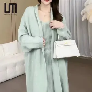 Liu Ming Herfst Winter Trending Producten 2024 Nieuwkomers Dames S Gebreide Tweedelige Lange Mouw Vest Lange Jas Jurk Set