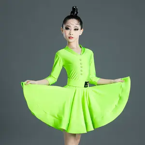 Vêtement de pratique de danse professionnelle, Costume à manches mi-longues, pour fille verte, compétition de danse latine, collection 2022