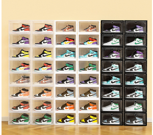 Shoe Organizer Boxes, Black Plastic Stackable Shoe Storage Bins , Space Saving Shoe Holder Sneaker Display Case