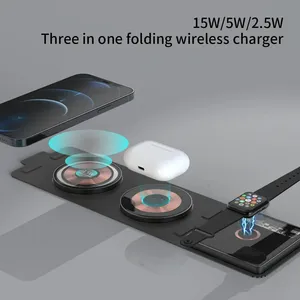 Fabric Cloth 3 In 1 Foldable Qi Wireless Charger Stand Perspective Crystal 15W Fast Magnetic Charging For IPhone For Apple Watch