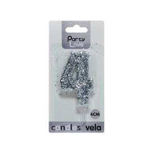 Vela Plateada con Purpurina para Fiestas, Número 4, 6 cm, Velas de Cumpleaños - Product Image 1