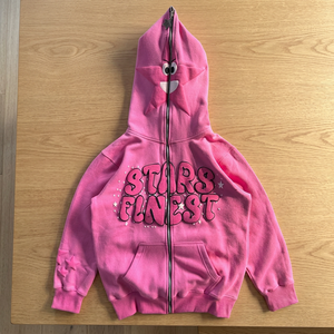 Sudadera con capucha rosa vintage lavada de gran tamaño con cremallera y estampado digital de estrellas 100% algodón estilo hip hop - Product Image 3