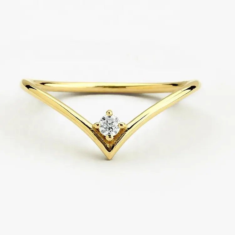 Đơn giản 18K mạ vàng kim cương V hình dạng xếp chồng 925 Sterling Silver nhẫn phụ nữ
