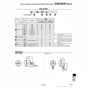 เครื่องวัดความดัน GA36-10-01แบบแมนนวลบริการเติมเต็มด้วยตนเองของ SMC - Product Image 1