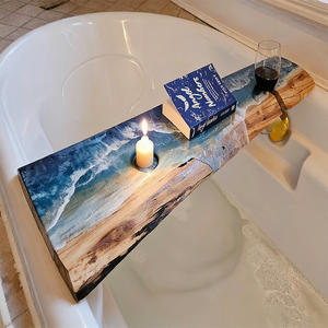 Plateau de bain en bambou pour salle de bain avec support de téléphone plus profond, à un seul niveau, écologique, multifonctionnel, avec motif <span class=keywords><strong>vague</strong></span> marine - Product Image 2