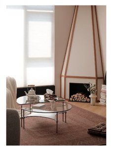 Meuble de salon moderne pour appartement, table d'appoint/bas de canapé/bout de canapé à plateau en verre et base métallique irrégulière à deux niveaux, pour hôtel et salon - Product Image 5