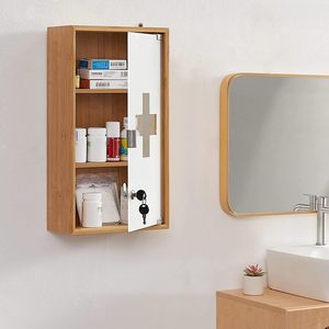 Caja de botiquín de primeros auxilios de bambú y vidrio de 3 capas para montaje en pared con llave para baño en casa - Product Image 3