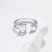 Cincin Perak Sterling 925 Potongan Emerald Persegi Panjang dengan CZ Biru Muda, Cincin Jari yang Dapat Disesuaikan untuk Wanita dan Remaja Putri, Perhiasan Pesta