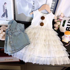 Girls Suit Skirt Summer New Denim Sleeveless <b>Top</b> Plus Mesh Skirt Two-piece Suit - Product Image 1
