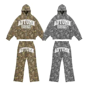 Manufacturers Custom Camouflage Hoodie Zip Up Applique Embroidery 100% Cotton Hoodie Sweatpants And Hoodie Set