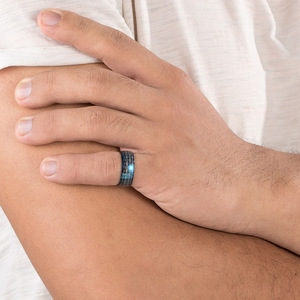 Minimalist <b>Titanium</b> Steel Laser Woven <b>Ring</b> For Men Geometric Pattern Blue And <b>Black</b> Gift Jewelry - Product Image 2